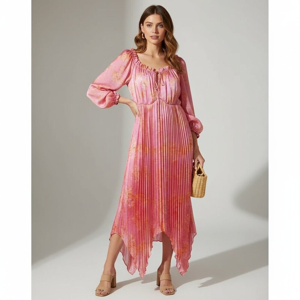 Keepsake the Label One Touch Candy Blossom Pink Floral Pleated Asymmetrical Midi